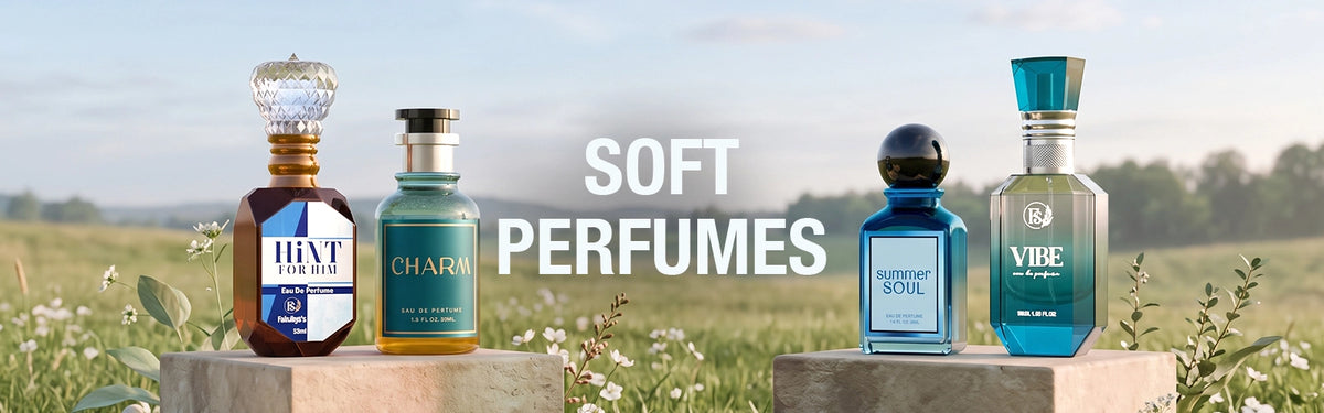 Soft perfumes collection featuring Hint for Him, Charm, Summer Soul and Vibe fragrances
