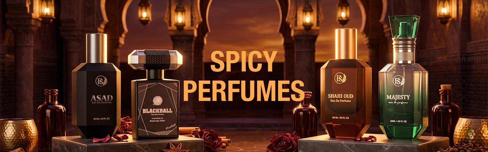 Spicy perfumes collection featuring Asad, Blackball, Shah Oud and Majesty fragrances

