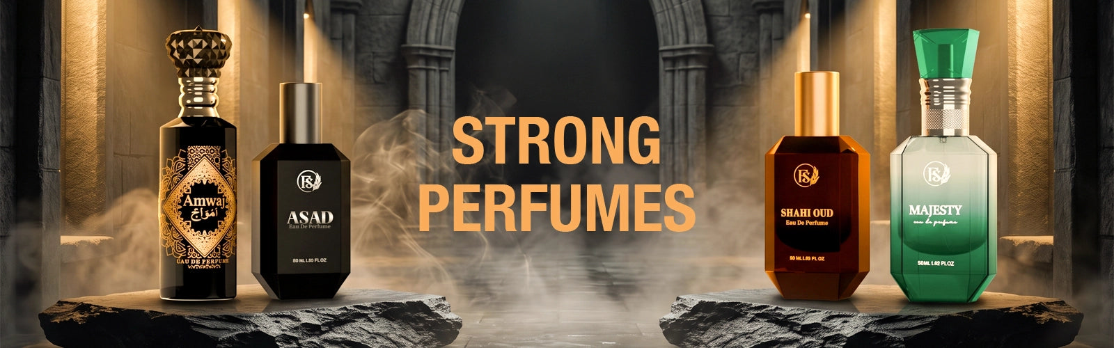Strong perfumes collection banner featuring Fahaliyas fragrances