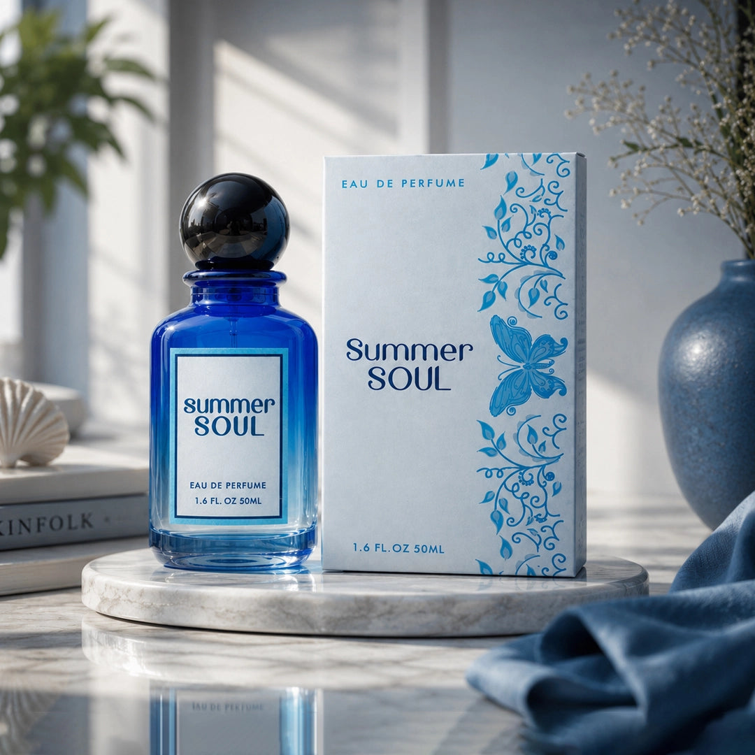Summer Soul Eau De Perfume 50ml featuring a blue glass perfume bottle with a black cap and elegant white packaging adorned with blue floral butterfly artwork, displayed on a marble podium in soft natural light.