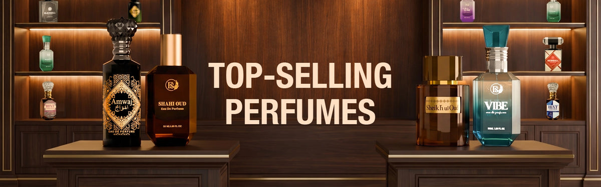 Top-selling perfumes collection featuring Amwaj, Shahi Oud, Sheikh ul Oud and Vibe fragrances