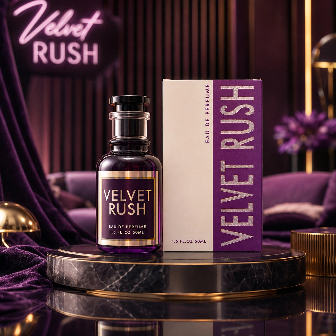 Velvet Rush Eau De Perfume 50ml displayed in a luxury setting featuring a deep purple perfume bottle and premium white and purple packaging on a marble podium with elegant cinematic lighting.