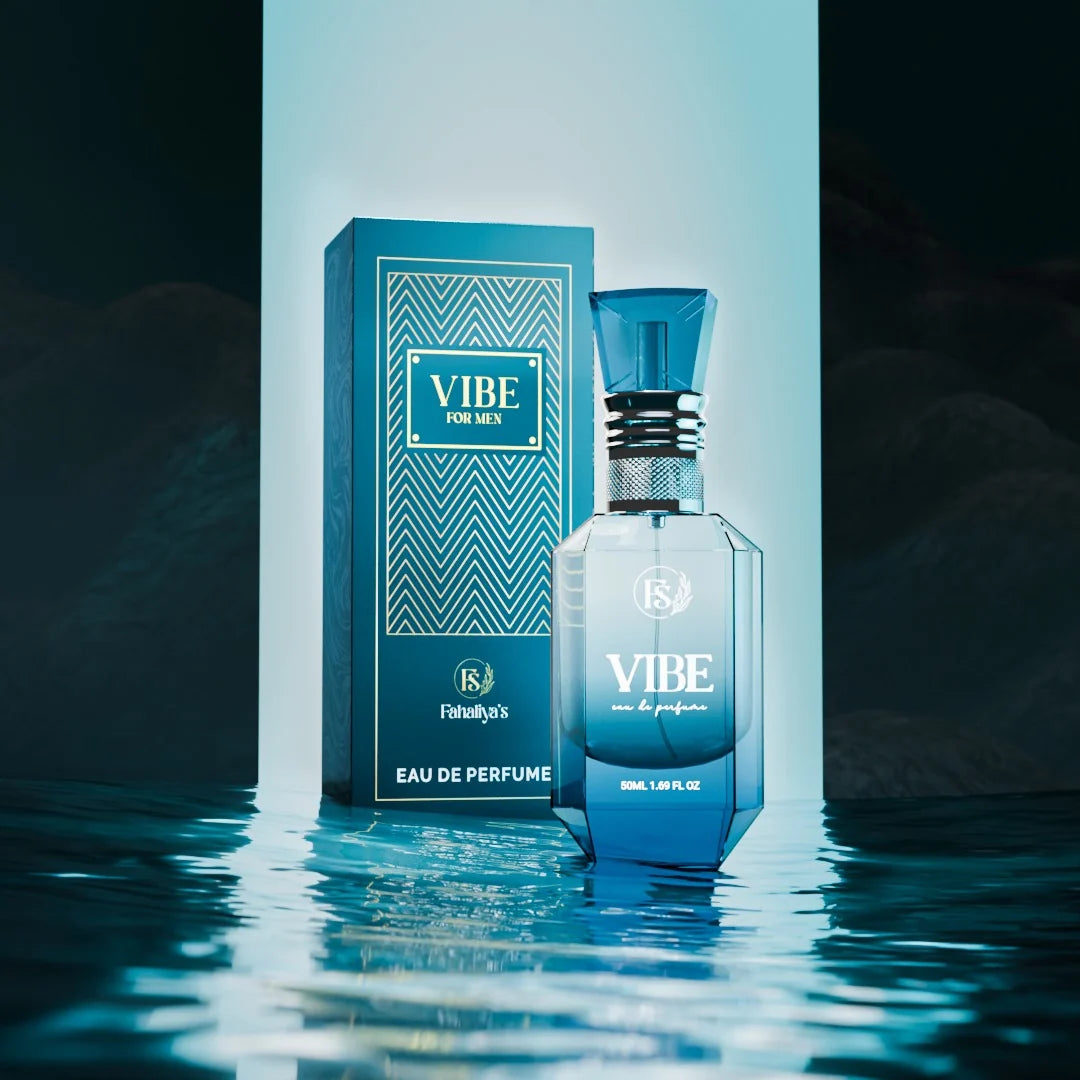 Vibe For Men Eau De Parfume by Fahaliya's, a fresh blue men's perfume in a 50ml bottle with premium packaging, crafted for everyday elegance and long-lasting fragrance.