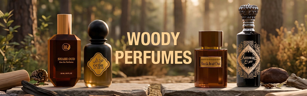 Woody perfumes collection featuring oud and wood-inspired fragrances